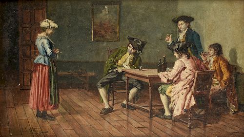 JOSÉ DE CALA Y MOYA (Spanish 1850-1891) A PAINTING, "Hombres Tomando Vino (Men Drinking Wine)," 1881,