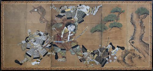 AN ANTIQUE JAPANESE WARRIOR ASHIKAGA vs KUSONOKI SHOGUN SIX PANEL SCREEN, MID 18TH CENTURY,