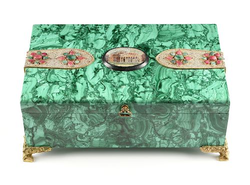 A CONTINENTAL MICROMOSAIC AND FAUX JEWEL FILIGREE MOUNTED MALACHITE JEWELRY BOX, POSSIBLY EARLY 20TH CENTURY,