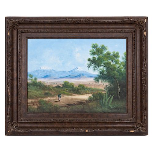 SIGNED "A. VELÁZQUEZ". MEXICO, 19TH CENTURY. VIEW OF THE VOLCANOES. Oil on canvas. 