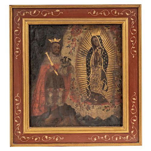 OUR LADY OF GUADALUPE WITH CROWNED SAINT JUAN DIEGO. MEXICO, END OF THE 18TH CENTURY. Oil on canvas.
