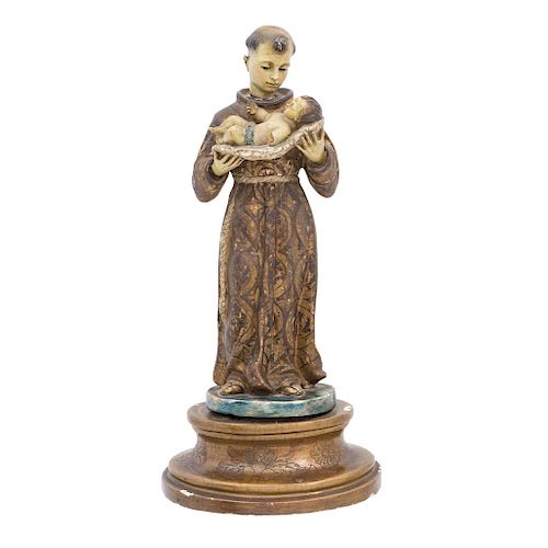 SAINT ANTHONY OF PADUA. MEXICO, BEGINNING OF THE 19TH CENTURY. Carved and polychromed wood. With wooden base. 