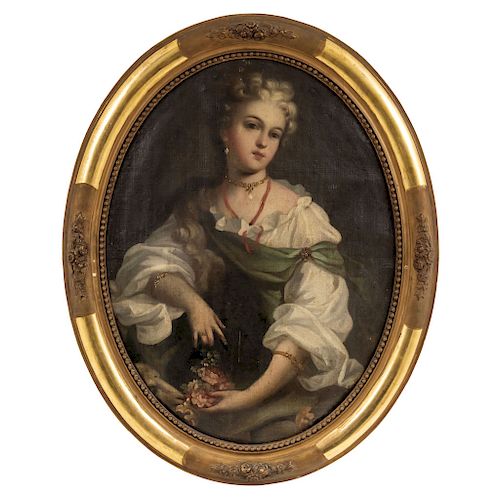 SIGNED "M. RABILLON". 19TH CENTURY. PORTRAIT OF A LADY WITH FLOWERS. French school. Oil on canvas. 