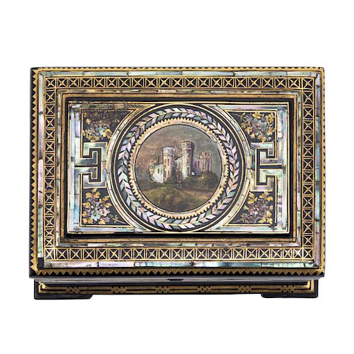 TEA BOX. ENGLAND, 19TH CENTURY. Victorian Style, Grand Tour. Ebonized wood, golden enamel and mother-of-pearl details. 