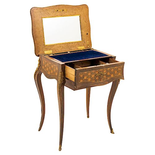 SEWING KIT TABLE. FRANCE, CIRCA 1900. Empire Style. Wood veneer and bronze details.  