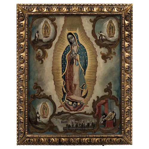 FRANCISCO ANTONIO VALLEJO (MEXICO, 1722 - 1785). OUR LADY OF GUADALUPE WITH THE FOUR APPARITIONS. Oil on copper. 