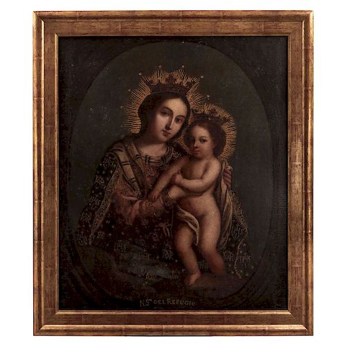 OUR LADY OF THE REFUGE. SPAIN, BEGINNING OF THE 19TH CENTURY. Oil on canvas. It comes from the Hacienda San Mateo de Valparaíso, Zacatecas.