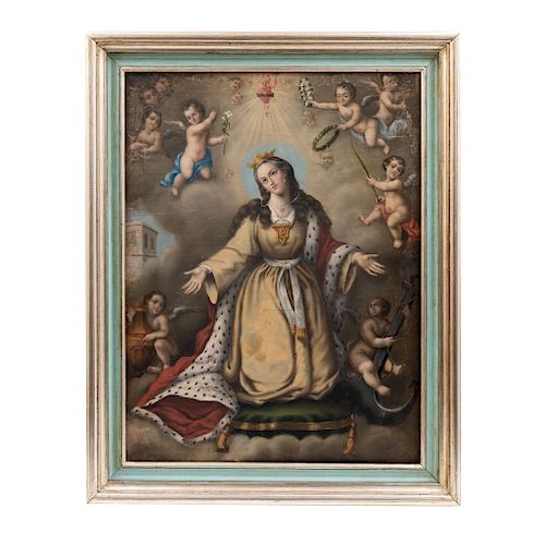 SAINT PHILOMENA SURROUNDED BY ANGELS. MEXICO, 19TH CENTURY. Oil on canvas. 