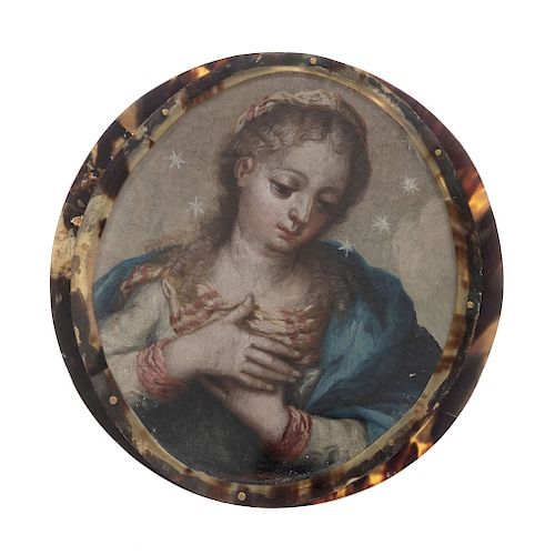 MEDALLION FOR A NUN. OUR LADY OF THE IMMACULATE CONCEPTION. MEXICO, 19TH CENTURY. Oil on copper with tortoiseshell frame. 