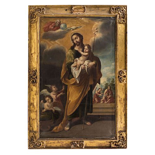 JUAN DE MIRANDA (ACTIVE IN THE END OF THE 17TH CENTURY AND IN THE BEGINNING OF THE 18TH CENTURY. SAINT JOSEPH WITH CHILD. Oil on canvas. 