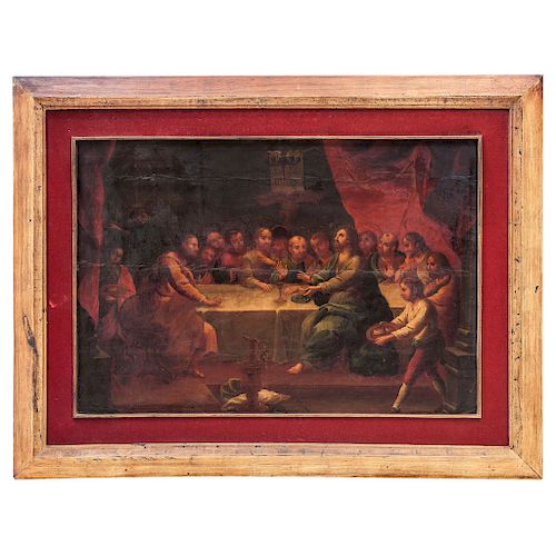 THE LAST SUPPER WITH THE TABLES OF GOD'S LAW. MEXICO, 18TH CENTURY. Oil on paper, adhered to wood. 