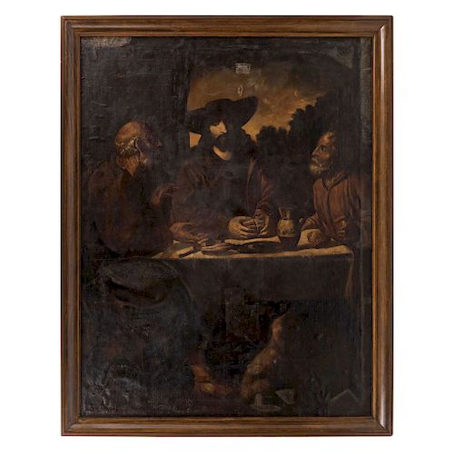 AFTER FRANCISCO DE ZURBARÁN  (SPAIN, 1598-1664), SUPPER AT EMMAUS. MEXICO, 18TH CENTURY. Oil on canvas, adhered to wood. Illegible signature and dated