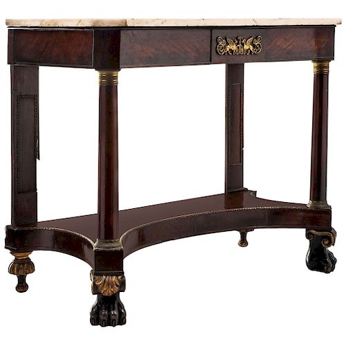 CONSOLE. FRANCE, 19TH CENTURY. EMPIRE style. Veneered wood with gilt-bronze details and a white marble top.