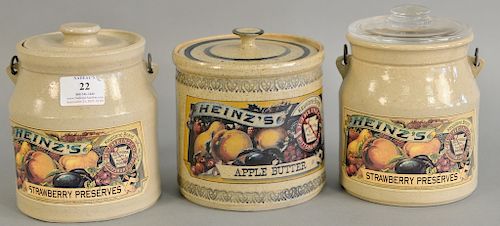 Lot of three Heinz stoneware crocks, two strawberry preserve, and an apple butter. ht. 6 in., 6 1/2 in, 7 in,