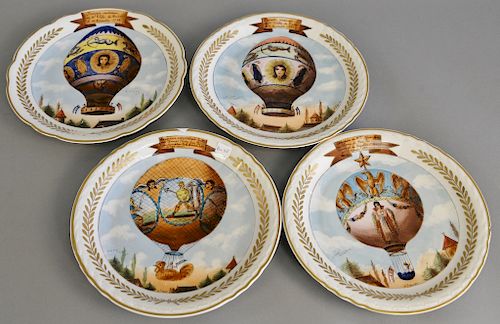 Set of four Paris porcelain plates having hand painted historically important hot air balloon ascensions. dia. 9 1/2 in.