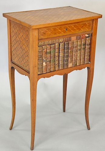Louis XV style parquetry inlaid stand having single drawer over faux leather front. ht. 31 in., top: 13" x 19 1/2".