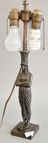 Bronze figural candlestick, maenid form, 19th century, having classical drapery on square base mounted as a lamp. ht. 20 1/2 in.