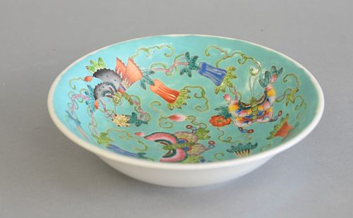 Chinese porcelain butterfly bowl having enameled painted butterflies and flowers. ht. 2 in., dia. 7 1/2 in.