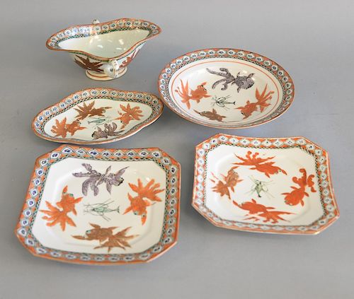 Thirty Eight piece Chinese porcelain partial dinner service, hand painted with goldfish and crayfish, comprising: two large oval ser...