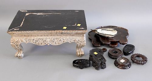 Tray lot of carved oriental stands and a silk embroidered shoe.