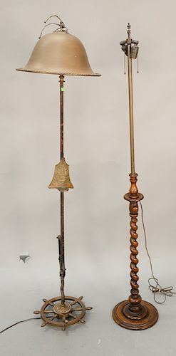 Two floor lamps, one adjustable oak, one brass and copper and metal with ship and compass and ships wheel base. hts. 62 1/4 in.