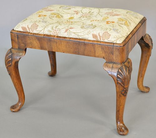 George I style walnut stool on shell capped cabriole legs with pad feet. top: 15 1/2" x 22".