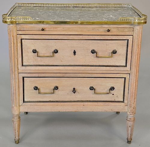 Louis XVI style bleached mahogany commode, variegated grey marble top, brass gallery, slide and two drawers. ht. 30 1/2 in., wd. 30 in.
