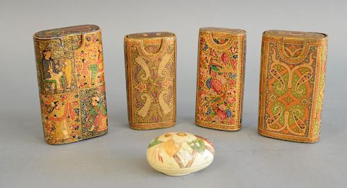 Group of four persian paper mache cases, having painted figures, flower designs along with an egg form.