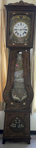 French tall clock in paint decorated case and embossed dial and pendulum surround porcelain dial marked F.Renou a cholet, case also ...