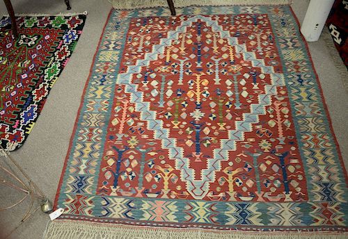 Seven piece lot of Kilim and flat weave oriental rug, 6' 7" x 8' 5", 3'7" x 9' 7", 4' 6" x 5' 3" plus four others.