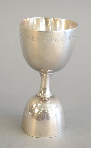 English silver shot measure, wo sided marked "Eat at pleasure, Drink by measure.", 3.6 t.oz.