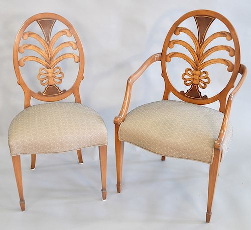 Set of twelve neoclassic style mahogany dining chairs, possibly Jansen, oval back with pierce splat with Prince-of-Whales' feathers ...