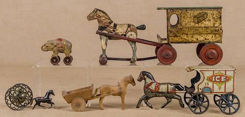 Four horse drawn toys, to include a Gong Bell, an