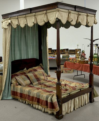 Continental mahogany double canopy bed, having reeded baluster post, now with double adjustable box spring. ht. 94" , wd. 54".