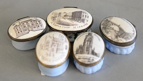 Group of five Battersea Bilston enameled boxes, sheffield Tontine tinn, Abby A trifle from bath, Trifle from the Iron Bridge, Trifle...
