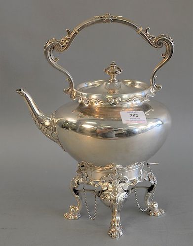 Victorian silver kettle on tilting stand with the hinged cover engraved with two crests and motto, mark for London,1897 wg JLGoldsmi...