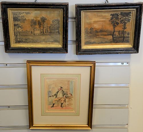 Three framed pieces to include pair of silk needlepoint landscapes along with a watercolor portrait of Mr. Dietrich. silk needlepoin...