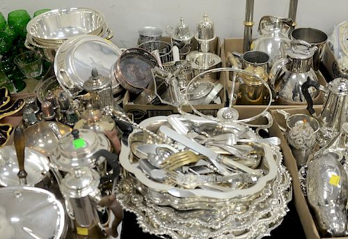 Large group of silver plate to include Sheffield pepper shakers, salts, teapots, trays etc.