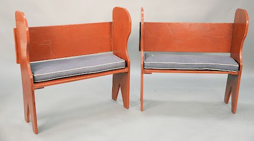 Pair of primitive style benches with custom cushion seats. ht. 38 in., wd. 37 in.