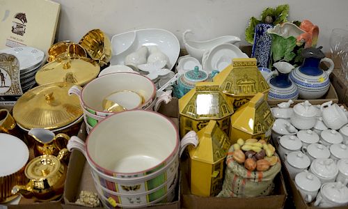 Eight tray lots of porcelain and ceramics, gold Royal worcester covered pieces, chocolate pots, majolica bird pitcher, etc.