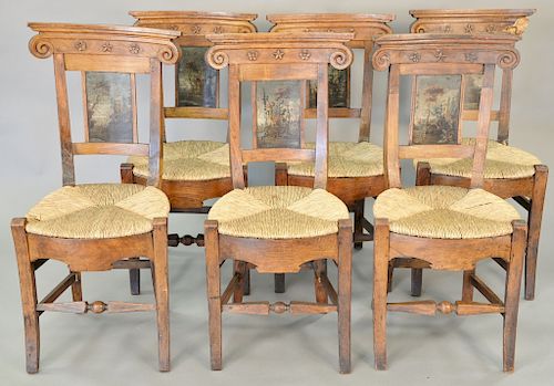 Set of six North Italian side chairs, walnut and polychrome-painted with painted panel, late 18th century. ht. 36 in.