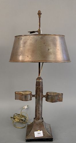Empire tole two light bouillotte lamp with columnar base supporting two oil lamps, adjustable shade. ht. 24 in.