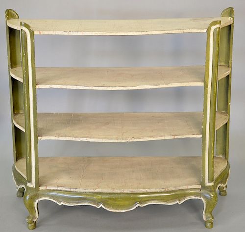 Louis XV style dwarf open bookcase, green and cream painted, 20th century, three shaped shelves. ht. 32 in., wd. 36 in., dp. 12 in.