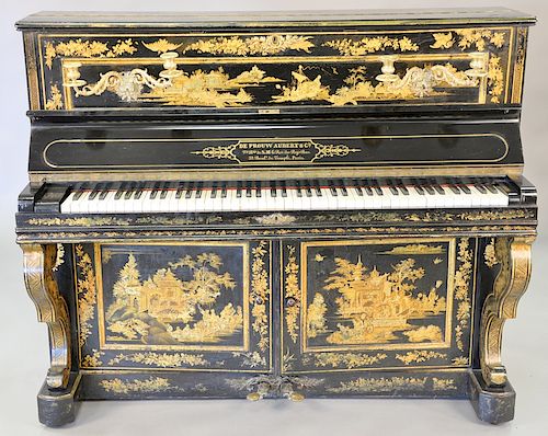 De Prouw Aubert upright piano, French chinoiserie decorated with Oriental figures and landscape scene mounted with double brass cand...