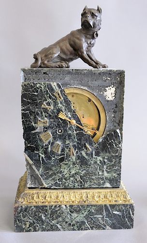 Napoleon III marble clock mounted with bronze dog.