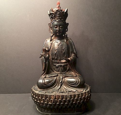 ANTIQUE Chinese Large Bronze Buddha Guanyin, early Qing period. Marked