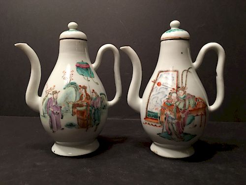 ANTIQUE Pair Chinese Famille Rose teapots with figurines, 18th C, 6 1/2" high
