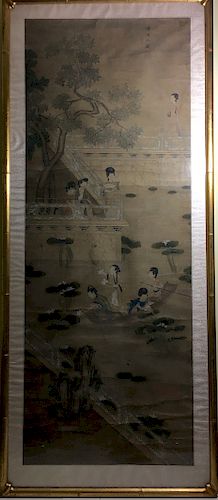 OLD Large Chinese watercolor painting with figurines. 19th century