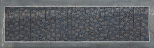 A LONG ANTIQUE JAPANESE BULLION AND DEEP BLUE SILK BROCADE TEMPLE HANGING, POSSIBLY IMPERIAL OR FUJIWARA FAMILY, EDO PERIOD, LATE 18TH/EARLY 19TH CENT