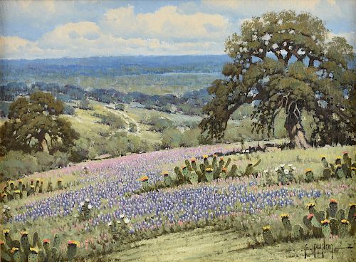 RANDY PEYTON (American b. 1958) A PAINTING, "Flowering Cacti, Bluebonnets and Indian Paintbrushes in Landscape," 2014,